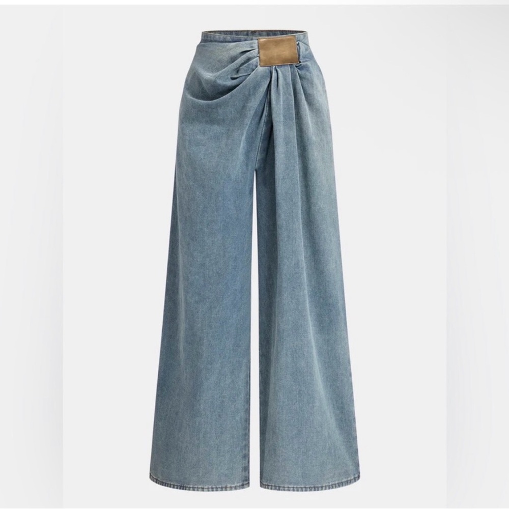 Wide Leg Draped Denim Jeans in Light Blue